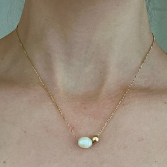 14K GF Freshwater pearl gold bead necklace 18” chain modern wabi sabi dainty - Picture 8 of 8